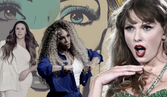 Three female celebrities in dramatic poses with a pop-art style background featuring expressive eyes