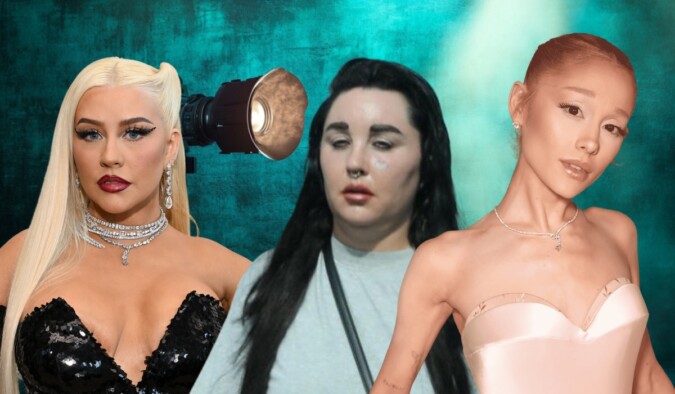 Three female celebrities with dramatically different looks, showcasing before and after transformations