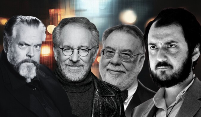 Portrait collage of four iconic film directors in black and white with blurred lights in the background