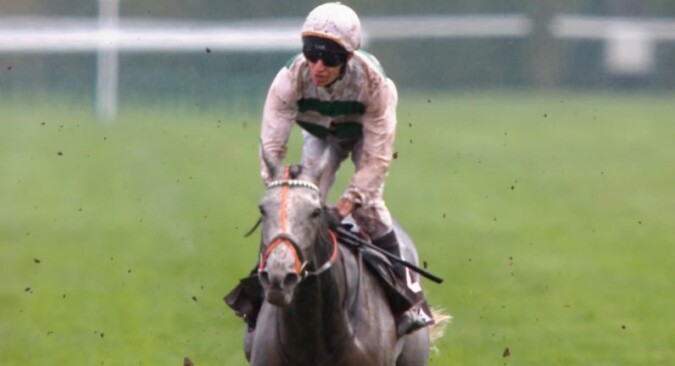 Jockey and horse mid-race, splattered with dirt