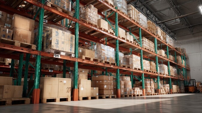 Wide view of warehouse pallet racking filled with boxed inventory on multiple levels