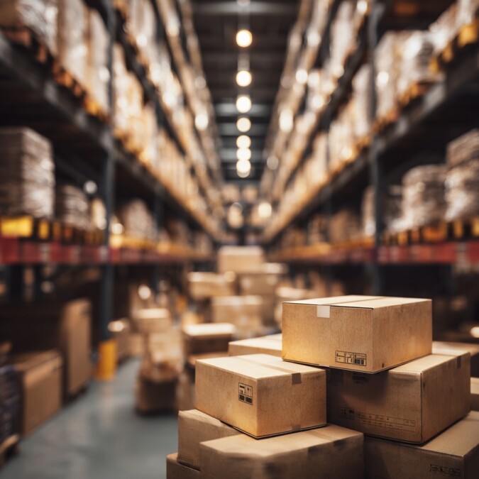 Cardboard boxes stacked in a warehouse aisle with pallet racks visible in background