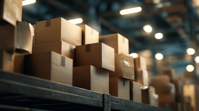 Close-up of cardboard boxes stacked on a metal warehouse shelf under industrial lighting