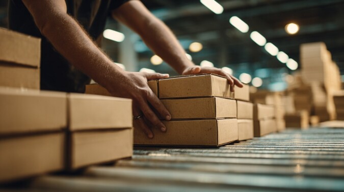 Close-up of warehouse worker hands stacking cardboard boxes during packing process