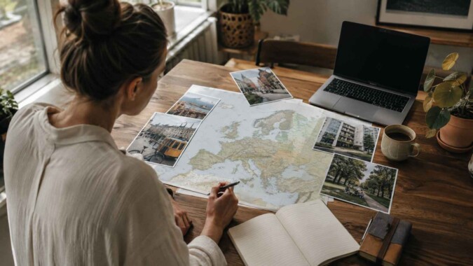Person planning a move to a European city using a map, laptop, and travel photos at a home desk.