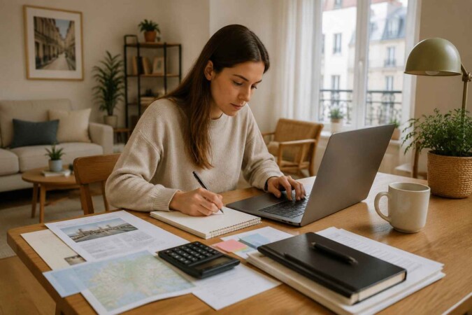 Woman working at a table with a laptop, documents, and notes while preparing for a move abroad.
