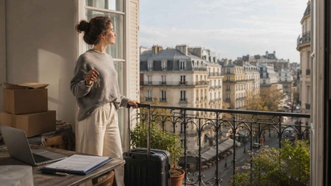 Tourist to Resident - Woman standing on a Paris apartment balcony with luggage and keys after moving to a new city.