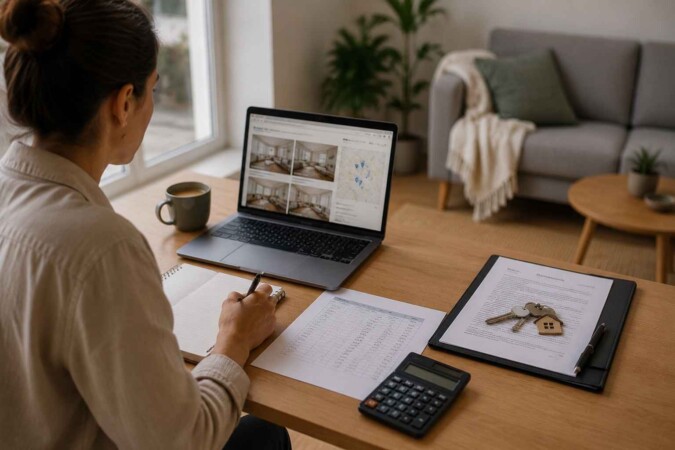 Person researching housing options on a laptop with documents, notes, and keys on a table at home.
